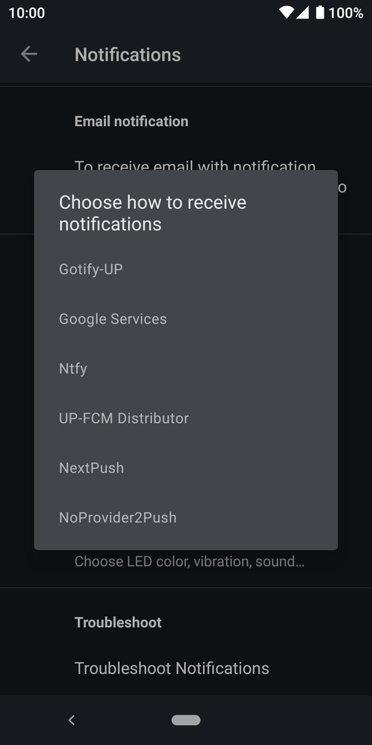 A screenshot of the distributor selection screen showing Gotify-UP, Google Services, ntfy, UP-FCM Distributor, NextPush, NoProvider2Push