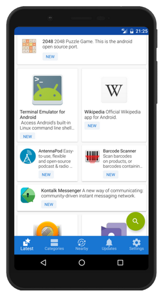 Screenshot of part of F-Droid's homepage showing a smartphone with the
F-Droid client opened on it.